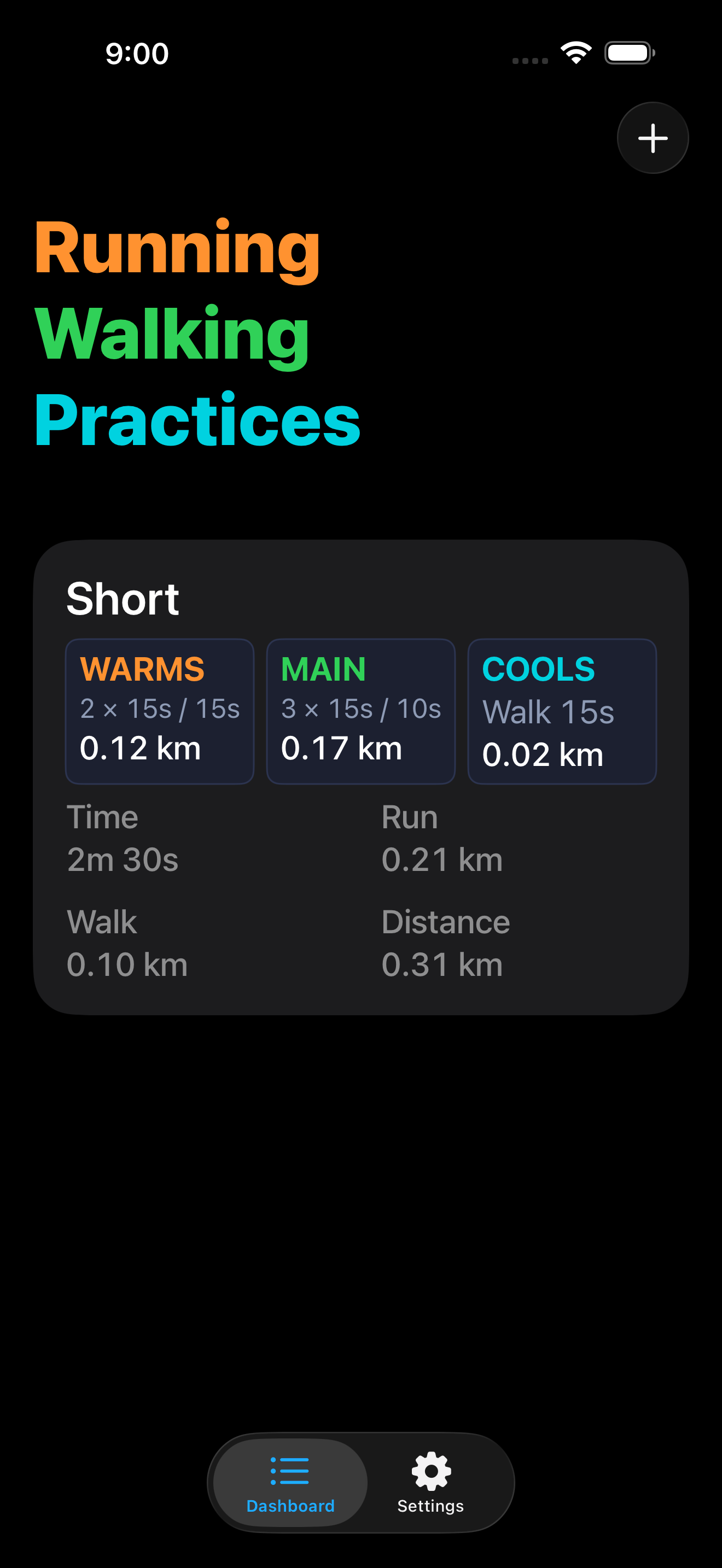 Dashboard showing saved practices with color-coded section summaries and distance estimates
