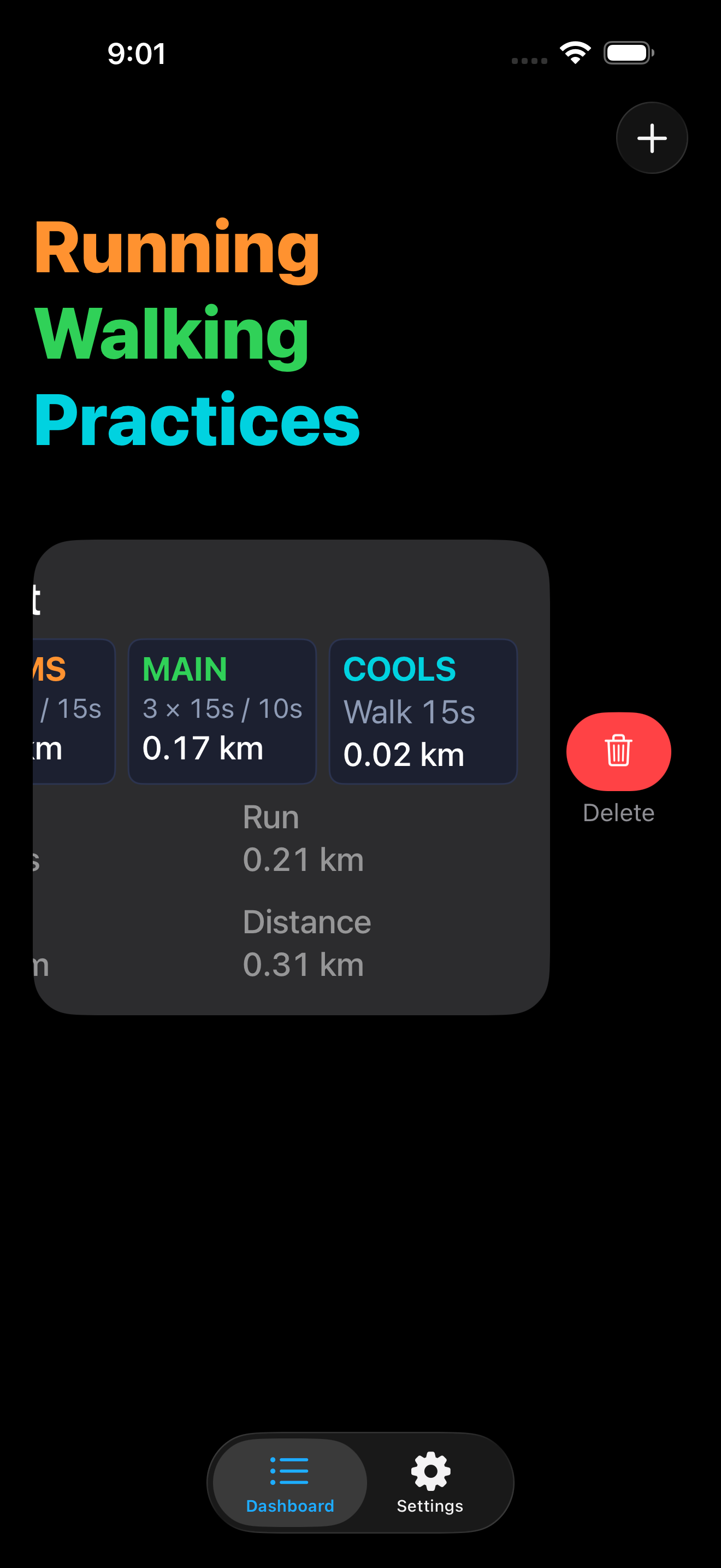 Dashboard showing the swipe-to-delete action on a practice row