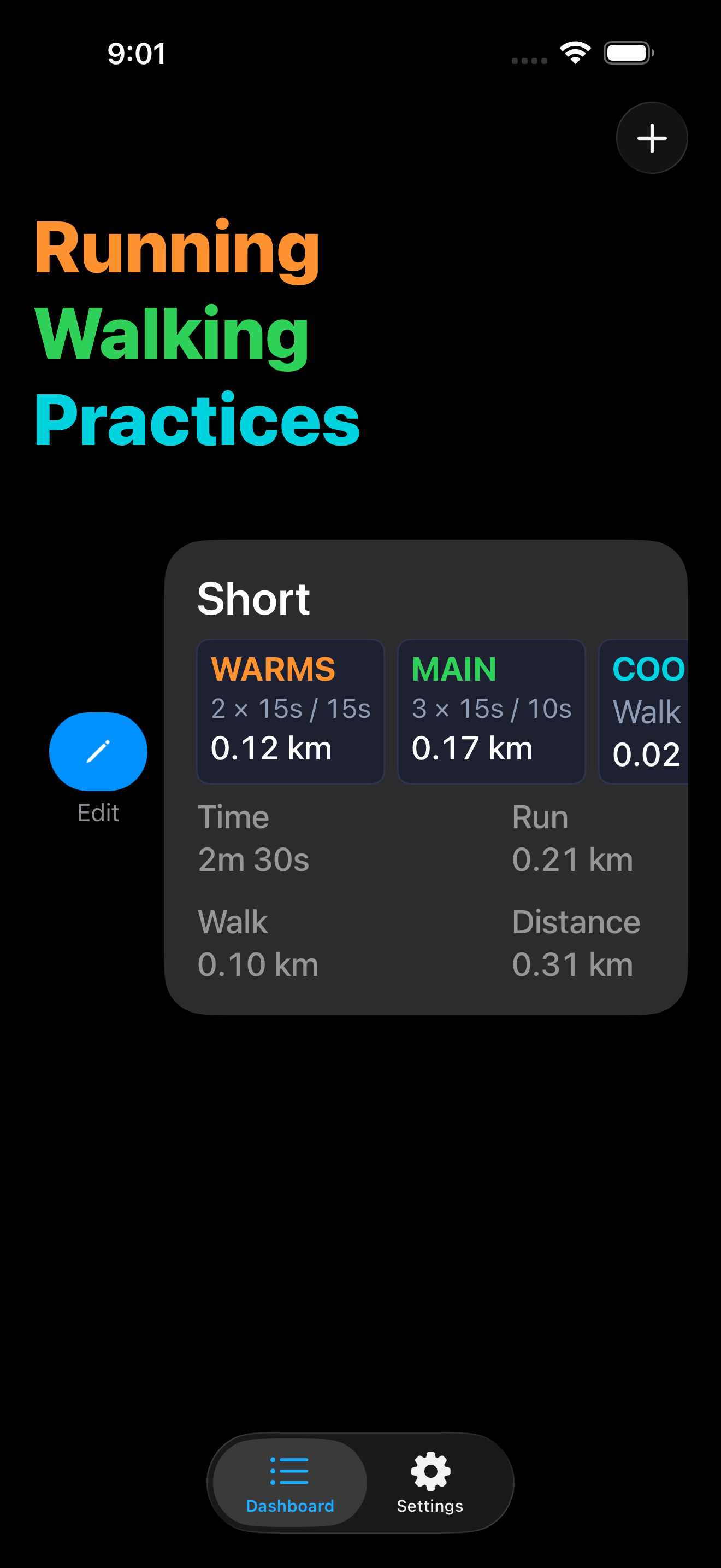 Dashboard showing the swipe-to-edit action on a practice row