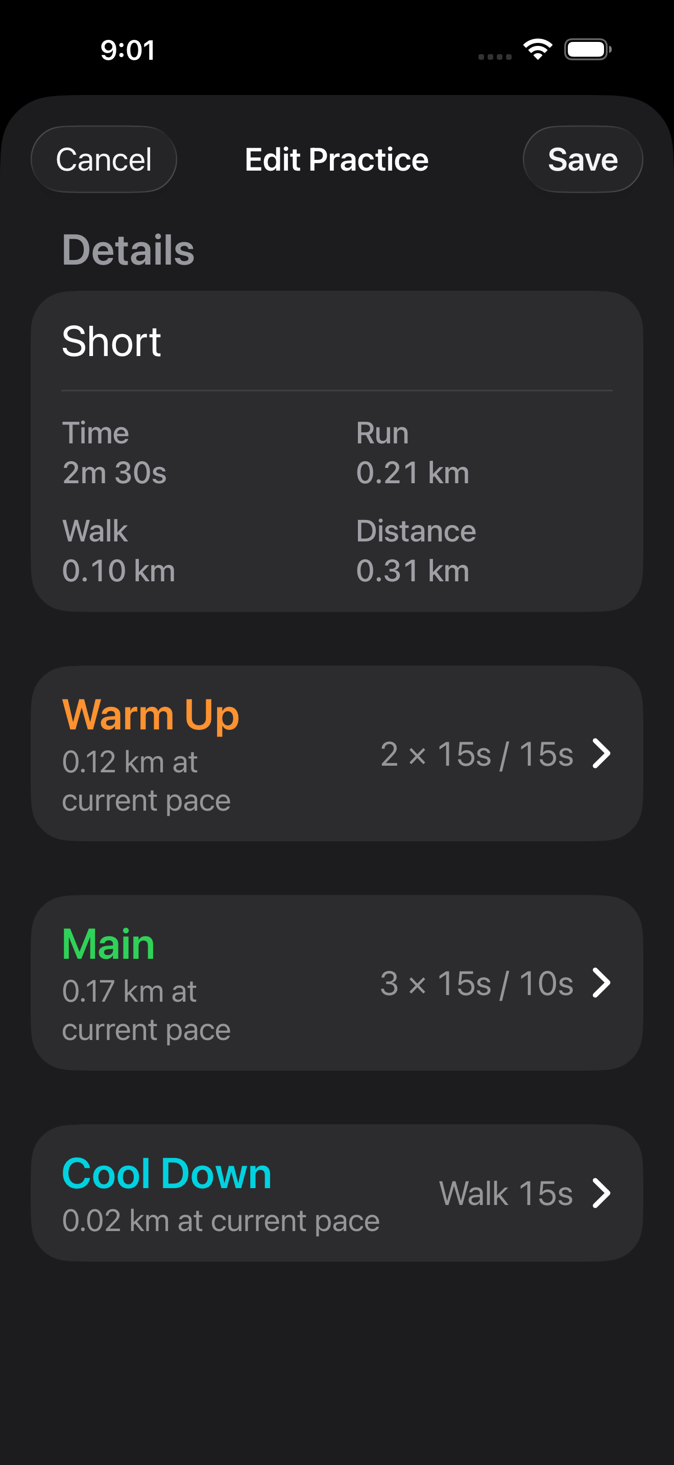 Practice editor with configurable Warm Up, Main, and Cool Down sections and time pickers