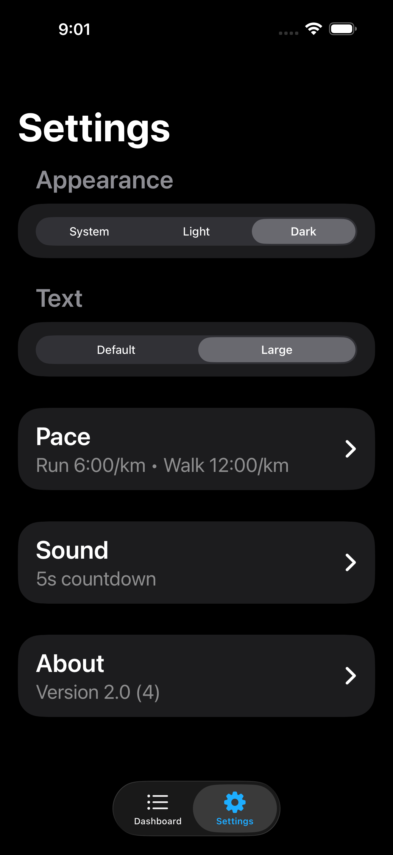 Settings screen showing appearance, text size, pace, and sound options