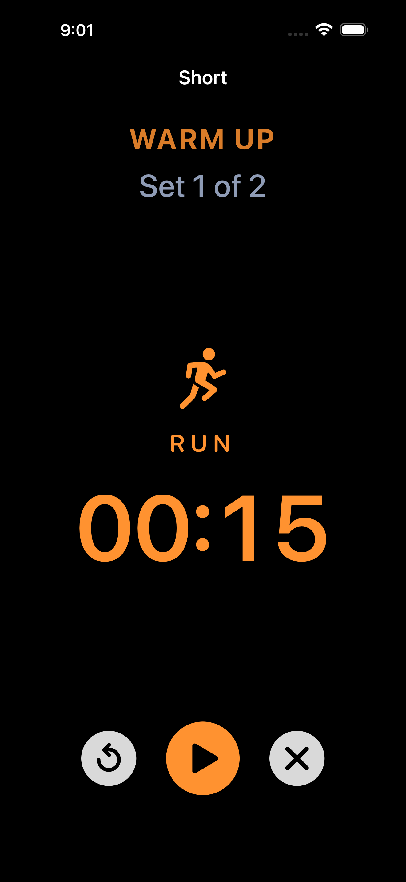 Active timer during run phase with orange countdown and figure.run icon