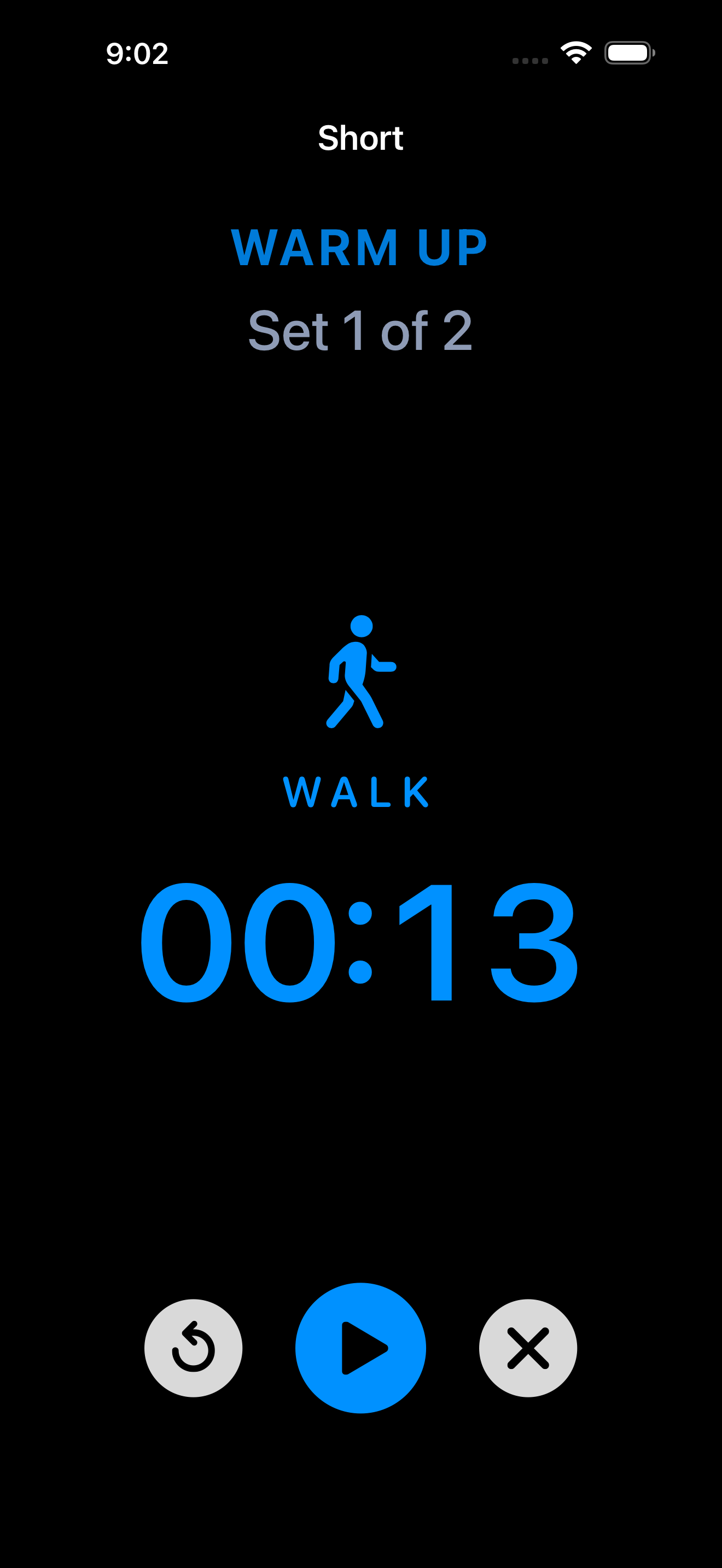 Active timer during walk phase with blue countdown and figure.walk icon